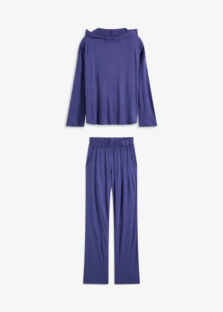 Oversized Loungewear Hausanzug aus Viskose mit Kapuze in blau von vorne - bonprix