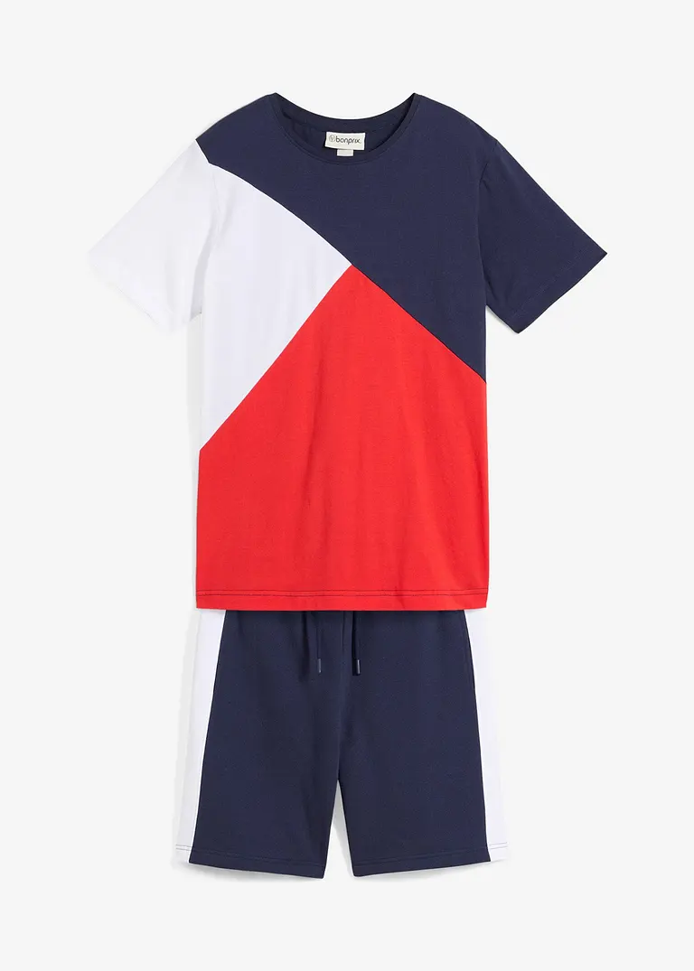 T-Shirt und Sweat-Bermuda (2-tlg.Set) aus reiner Bio-Baumwolle in blau von vorne - bonprix