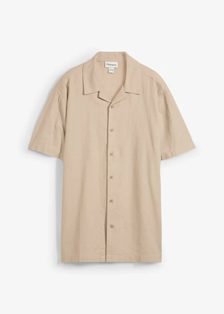 Kurzarmhemd mit Leinen, Loose Fit in beige von vorne - bonprix