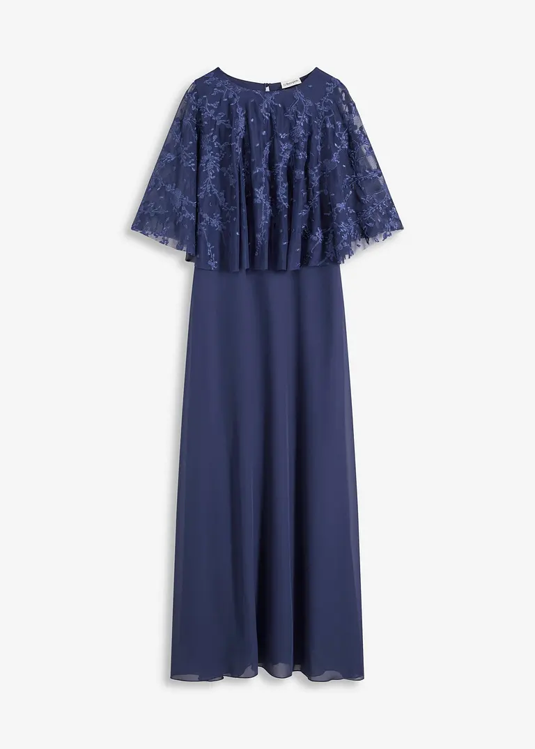 Chiffonkleid mit floraler Stickerei in blau von vorne - bonprix