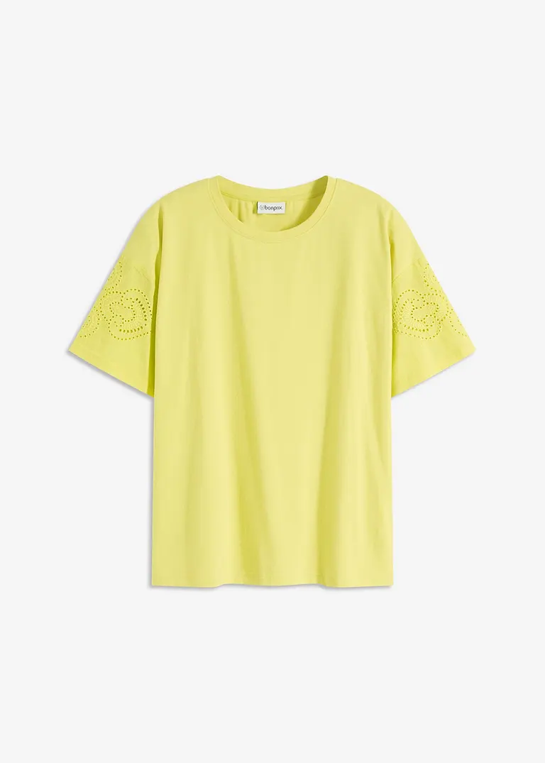T-Shirt mit Lochstickerei in gelb von vorne - bonprix