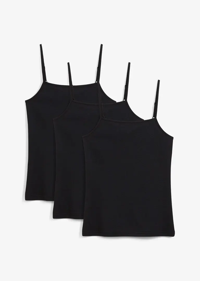 Spaghettiträger-Top mit Bio-Baumwolle (3er Pack) in schwarz von vorne - bonprix