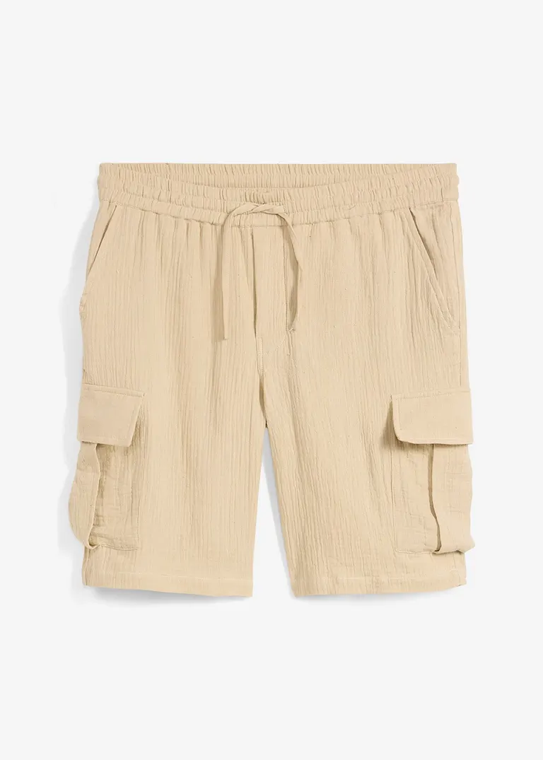Regular Fit Bermuda aus luftigem Musselin in beige von vorne - bonprix