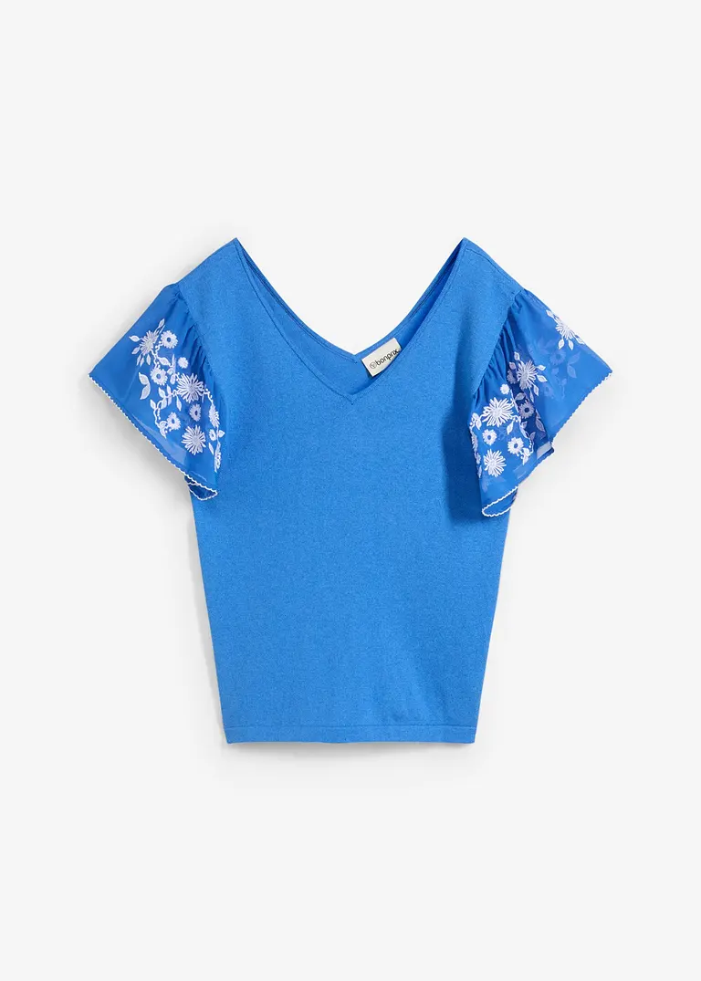 Stricktop mit Seidenanteil und Chiffonärmeln in blau von vorne - bonprix
