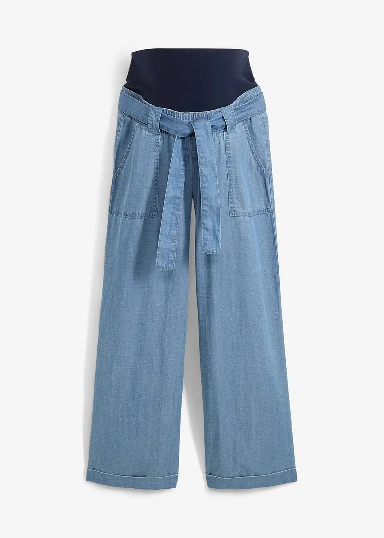 2-in-1 Leichte Umstandshose mit halbhohem Bauchband in blau von vorne - bonprix