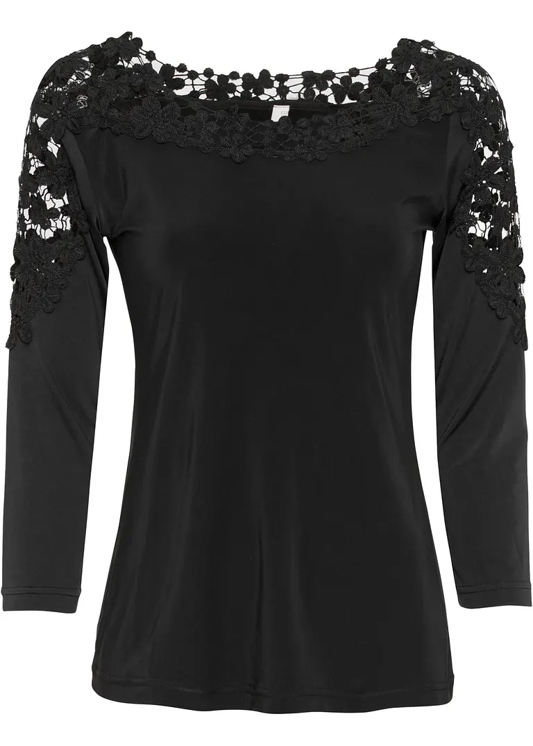 Shirt mit Häkeleinsatz und 3/4 Arm in schwarz von vorne - bonprix