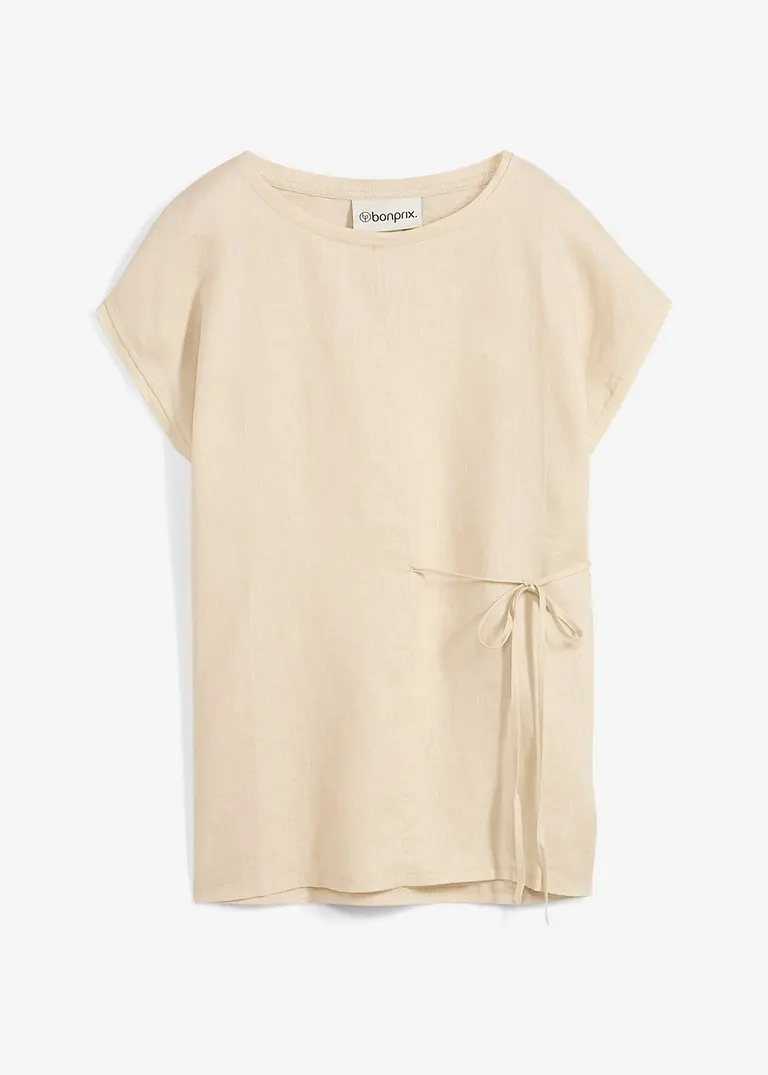 Shirt aus reinem Leinen mit Webbesatz in beige von vorne - bonprix