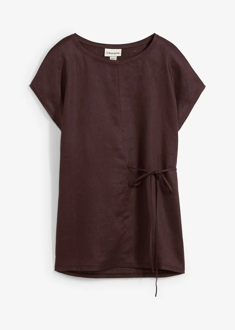 Shirt aus reinem Leinen mit Webbesatz in braun von vorne - bonprix