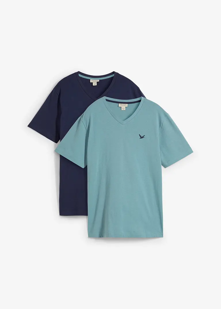 T-Shirt mit V-Ausschnitt (2er Pack) aus reiner Bio-Baumwolle in blau von vorne - bonprix