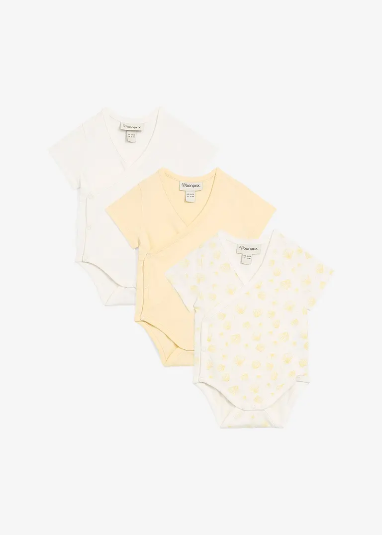 Kurzarm Wickelbodies aus reiner Bio-Baumwolle (3er Pack) in gelb von vorne - bonprix
