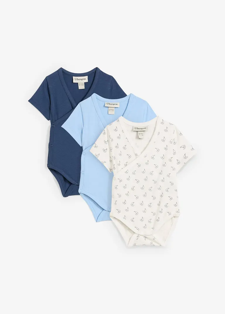 Kurzarm Wickelbodies aus reiner Bio-Baumwolle (3er Pack) in blau von vorne - bonprix