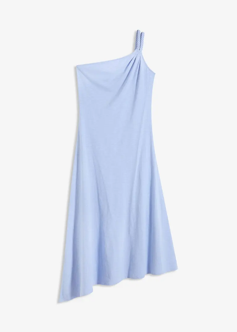Jerseykleid mit asymmetrischem Saum und Knotendetail auf der Schulter aus Baumwolle in blau von vorne - bonprix
