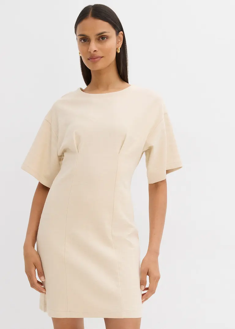 Shirtkleid aus reiner Baumwolle in beige von vorne (Totalaufnahme) - bonprix
