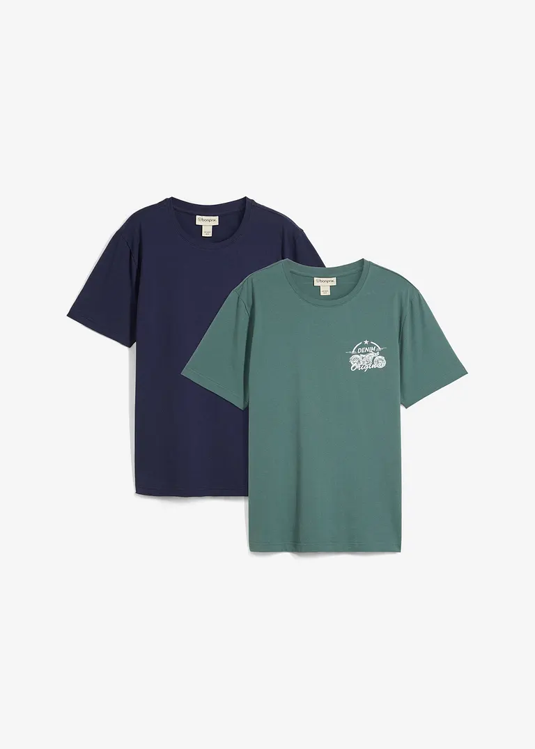 T-Shirt (2er Pack) aus reiner Baumwolle in blau von vorne - bonprix