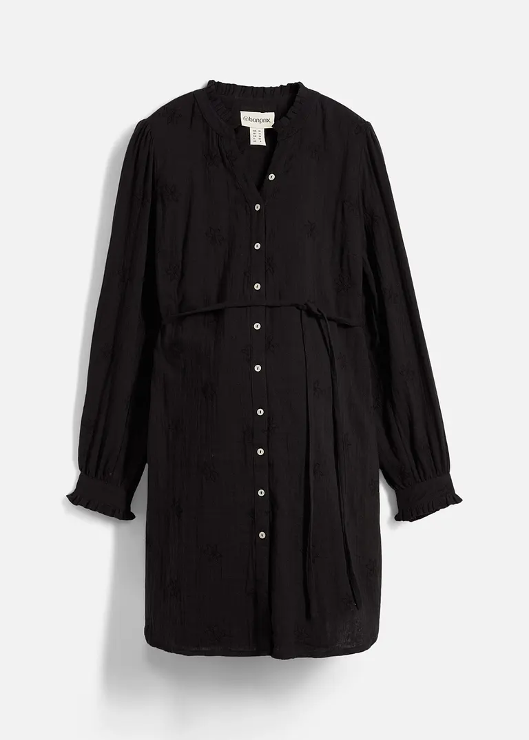 Umstandsblusenkleid aus weichem Baumwoll-Musselin in schwarz von vorne - bonprix