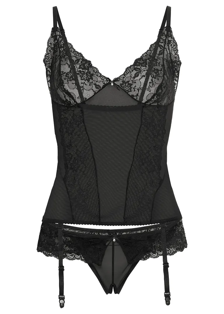 Corsage mit Strapshaltern + String ouvert (2-tlg.Set) in schwarz von vorne - VENUS