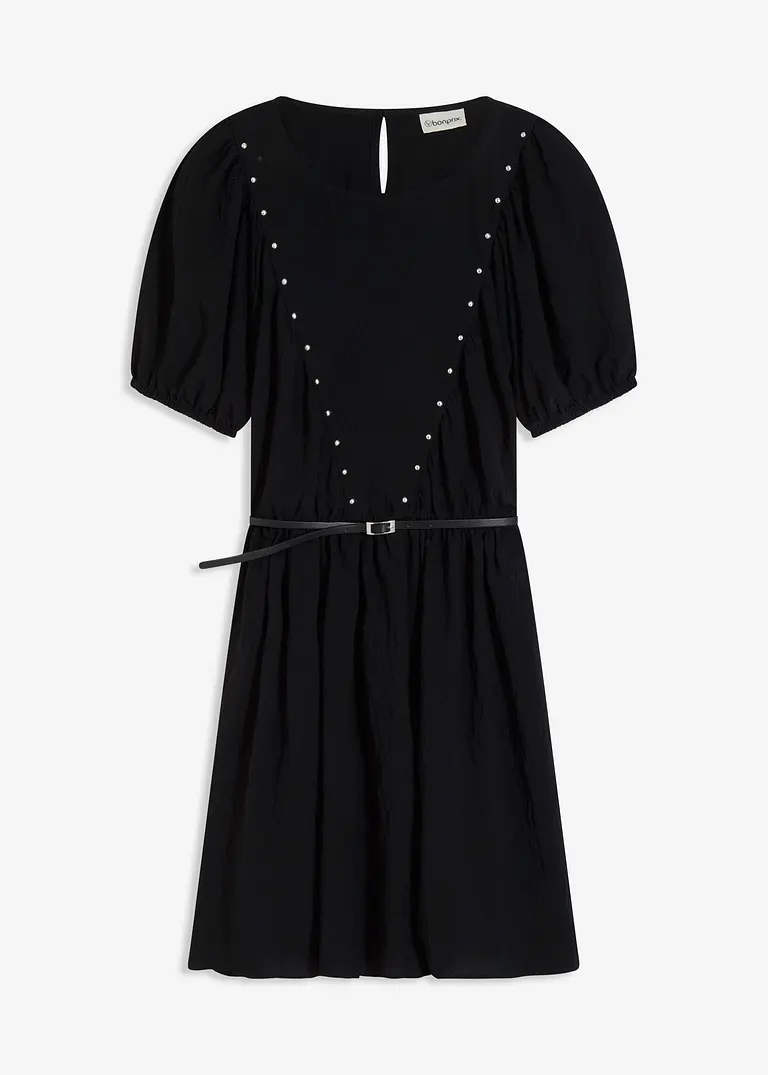 Kleid mit Gürtel und Nieten in schwarz von vorne - bonprix