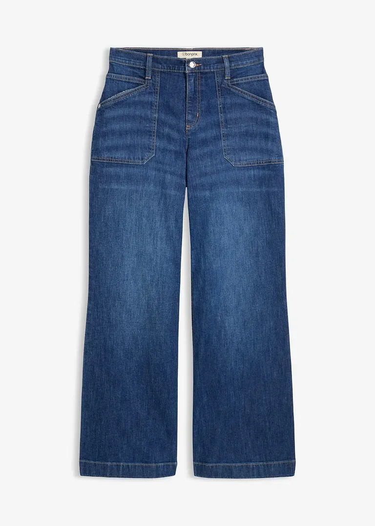 Wide-Leg-Jeans Mid Waist mit aufgesetzten Taschen in blau von vorne - bonprix
