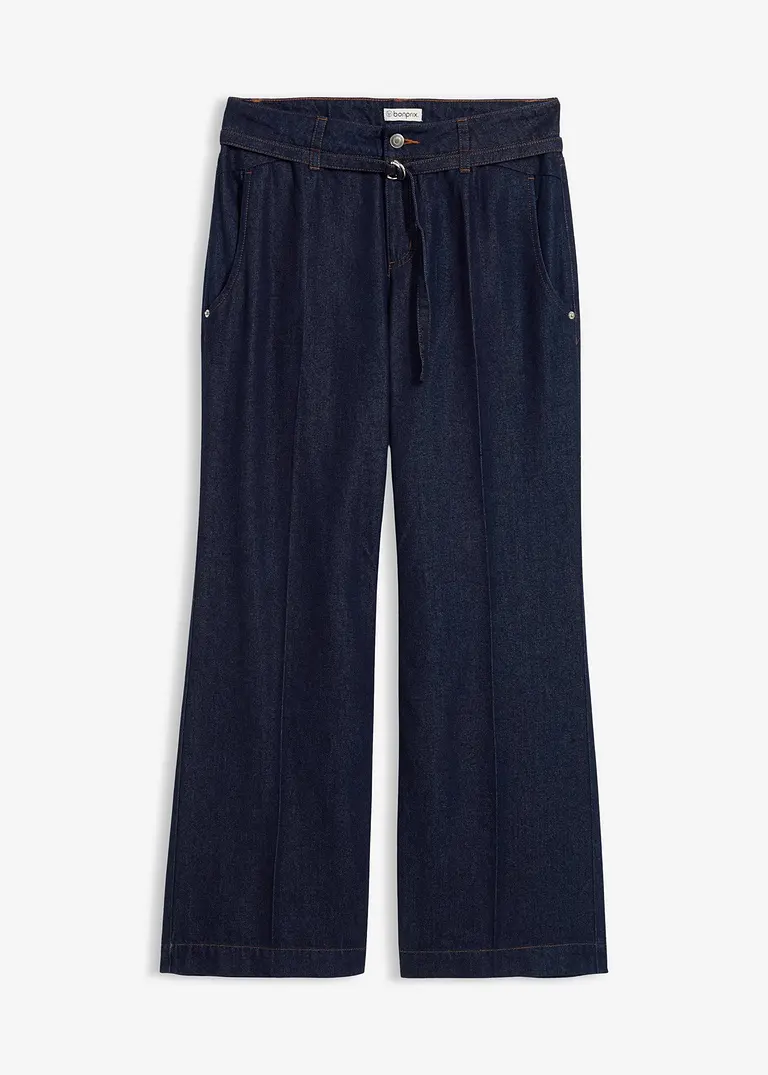 Wide-Leg-Jeans Mid Waist mit Gürtel in blau von vorne - bonprix