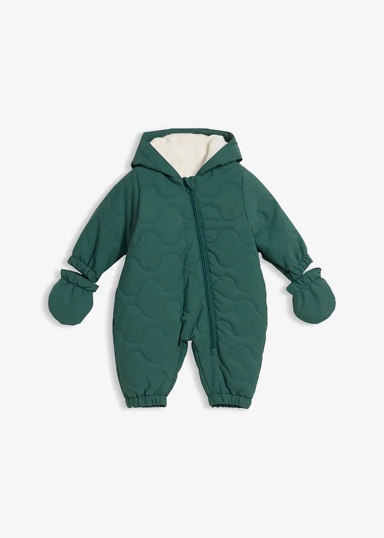 Wattierter Overall mit abknöpfbaren Handschuhen in grün von vorne - bonprix