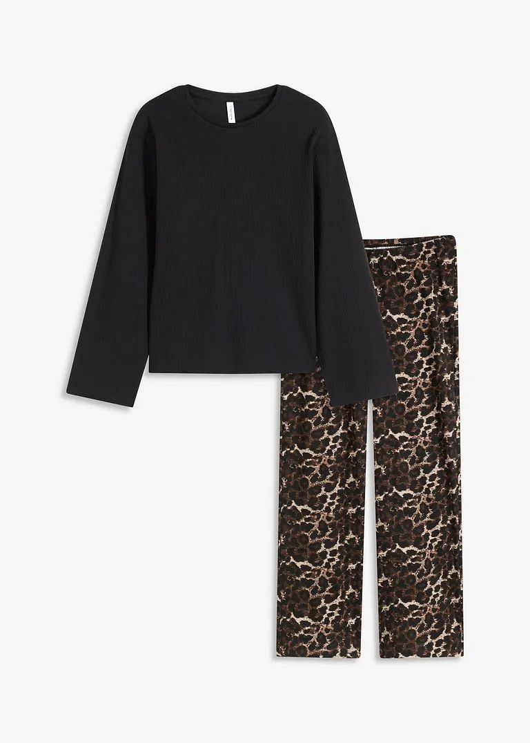 Pyjama mit Rippshirt und weiter Hose in schwarz von vorne - bonprix