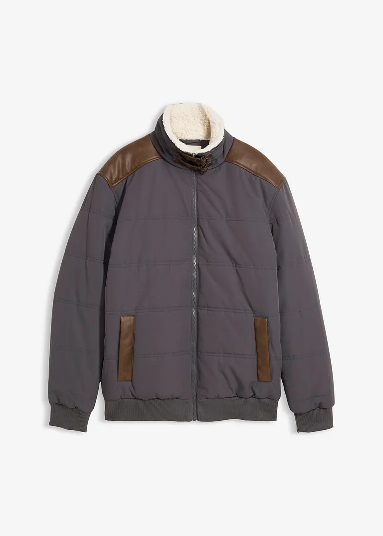 wasserabweisender Stepp-Blouson mit Lederimitat-Details in grau von vorne - bonprix