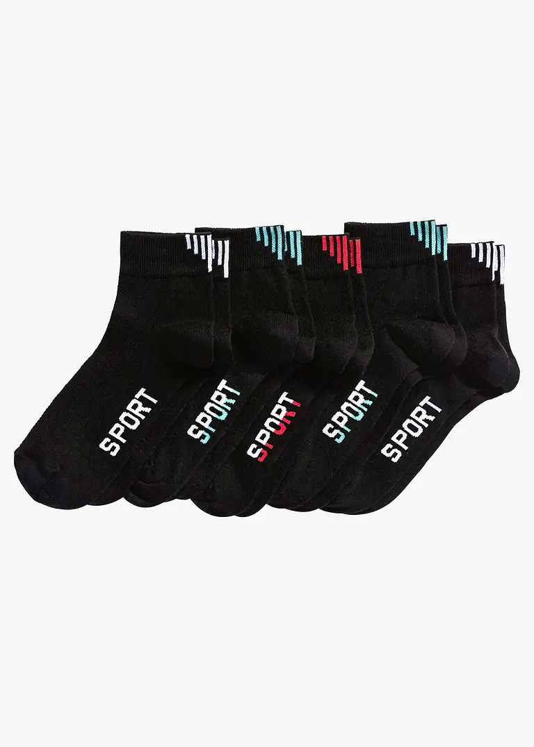Sportsocken mit Schriftzug mit Bio-Baumwolle (5er Pack) in schwarz von vorne - bonprix