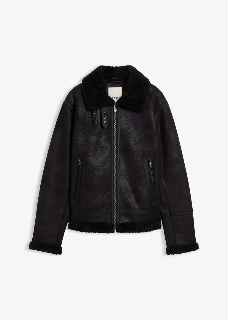 Lederimitat-Jacke mit Teddyfutter in schwarz von vorne - bonprix