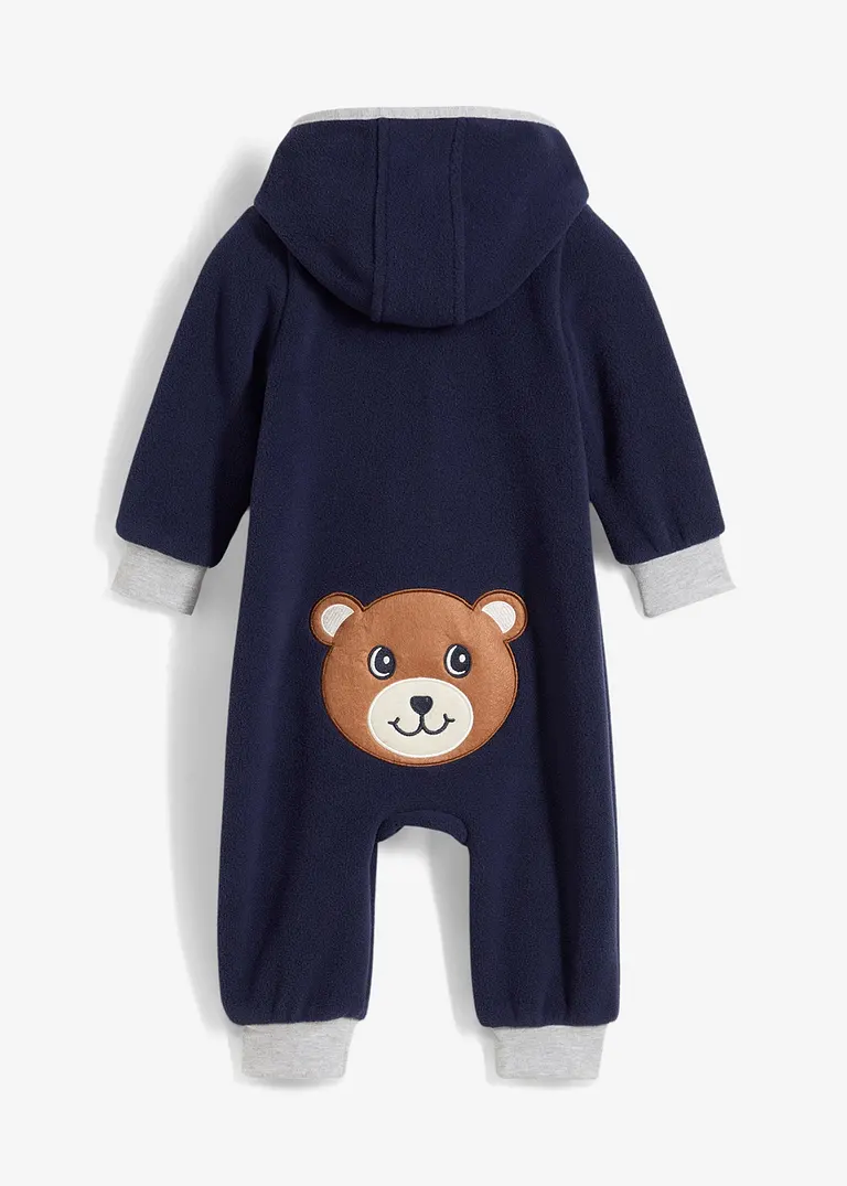 Fleeve-Overall mit Kapuze und Bärchen-Applikation in blau von vorne - bonprix