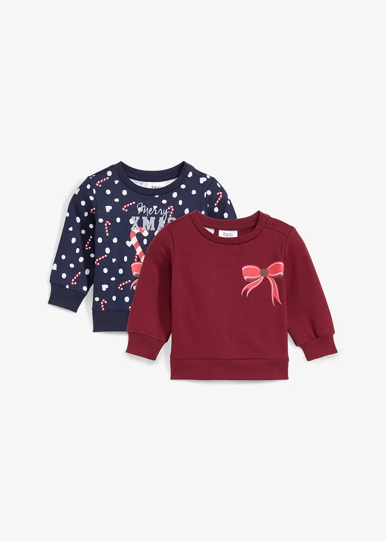 Baby Sweatshirt mit Weihnachtsmotiv (2er Pack) in rot von vorne - bonprix