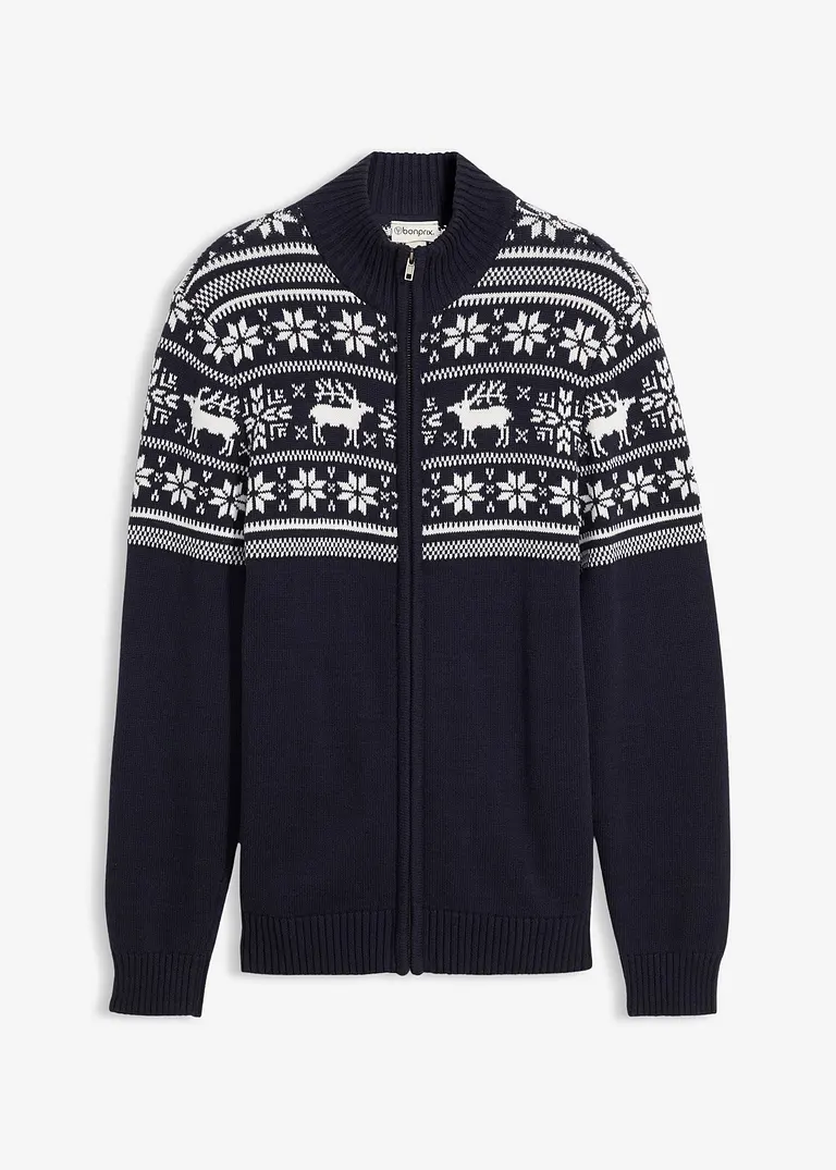 Norweger Strickjacke aus reiner Baumwolle in blau von vorne - bonprix