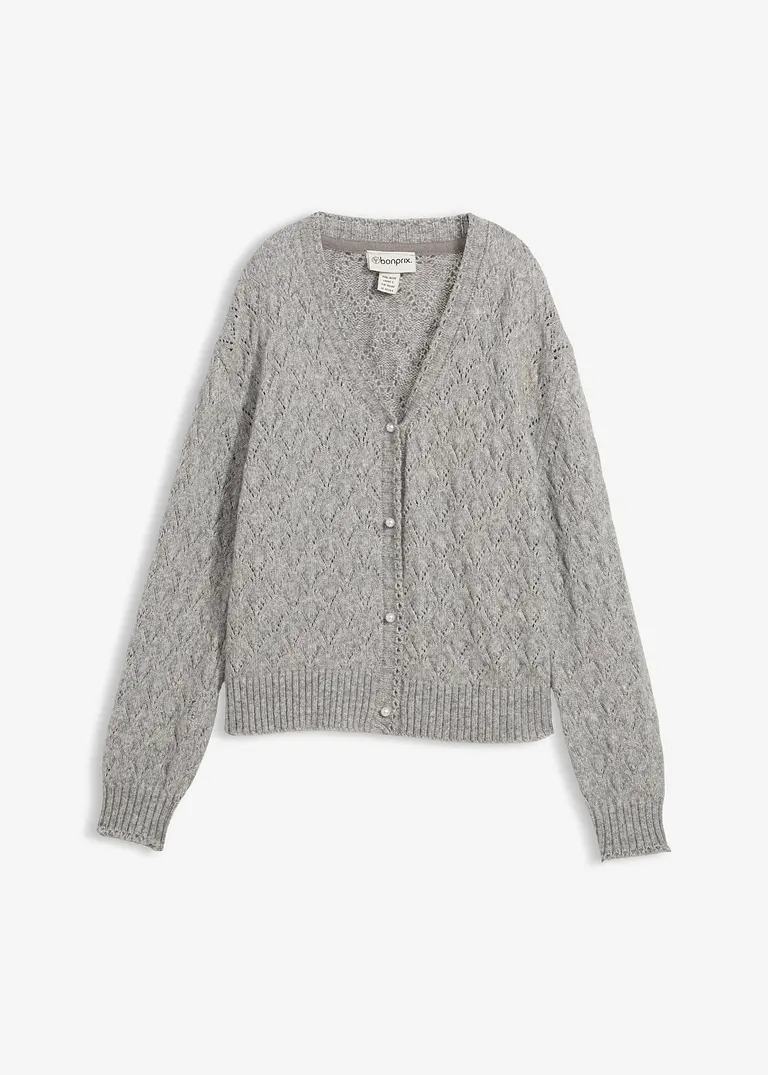 Ajour-Strickjacke mit Wolle in grau von vorne - bonprix