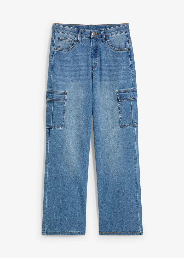 Loose-Fit-Stretch-Jeans mitverstellbarem Bund, Straight in blau von vorne - bonprix