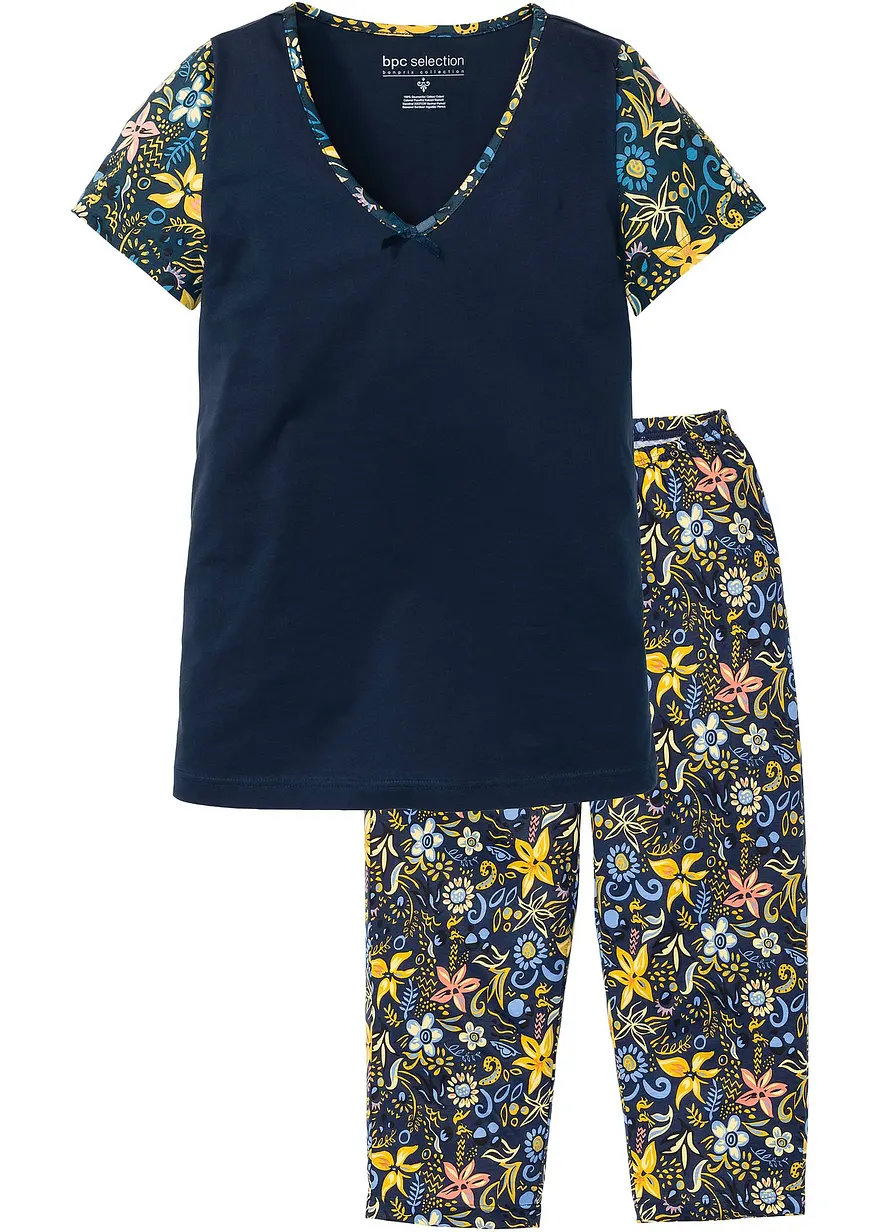 Capri Pyjama mit kurzen Ärmeln aus reiner Baumwolle in blau von vorne - bonprix