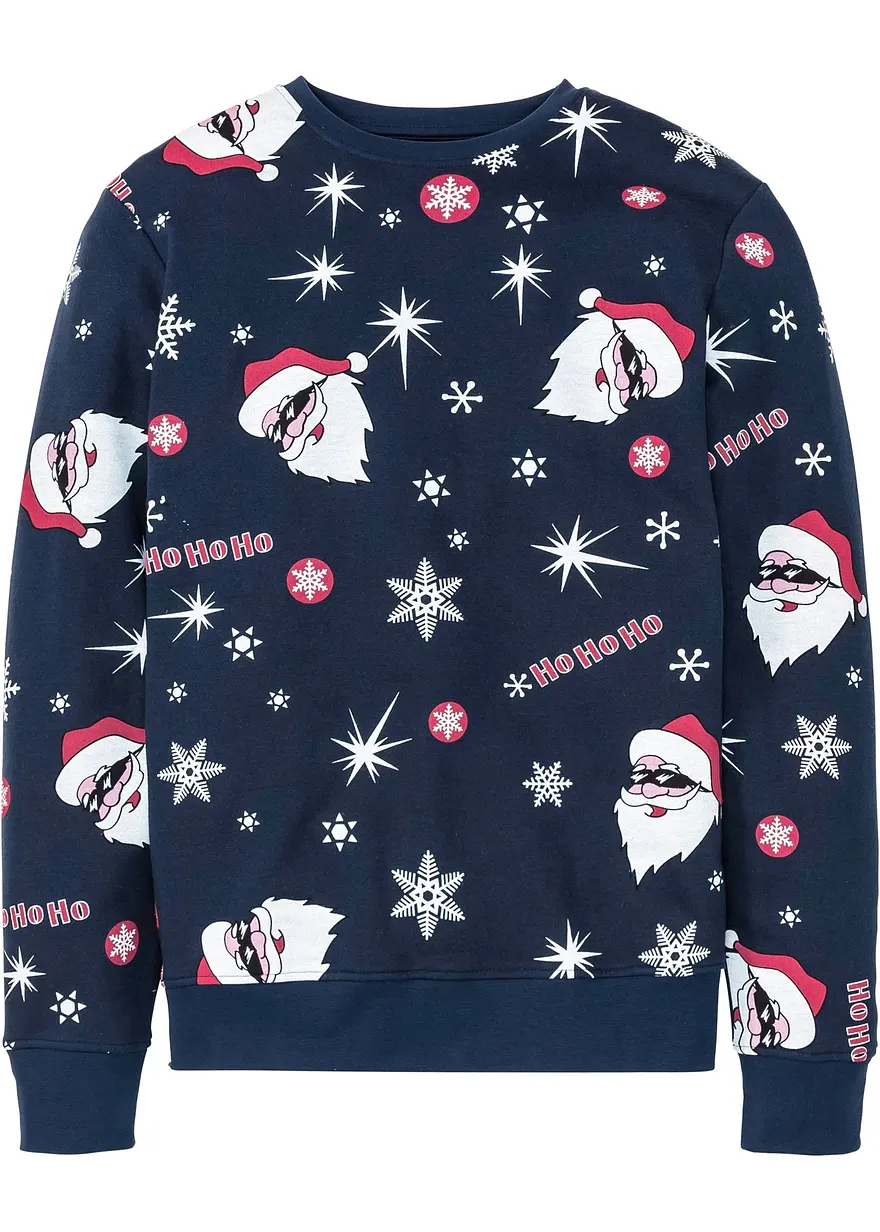 innen weich angerautes Sweatshirt mit Weihnachtsmotiv in blau von vorne - bonprix