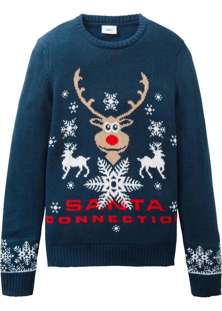 Feinstrickpullover mit Weihnachtsmotiv in blau von vorne - bonprix
