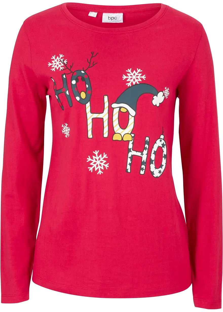 Langarmshirt mit Weihnachtsmotiv in rot von vorne - bonprix
