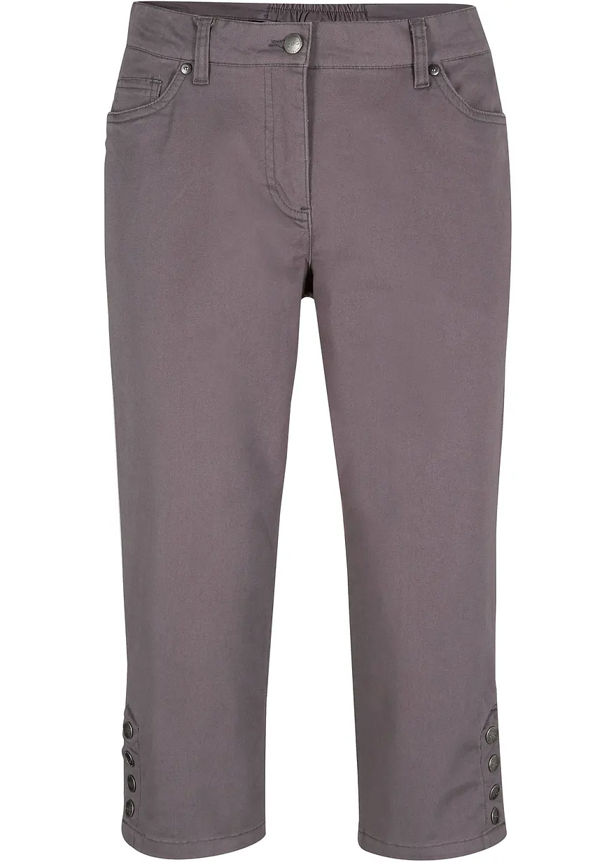 Baumwoll-Capri-Hose mit Bequembund und Knöpfen in grau von vorne - bonprix