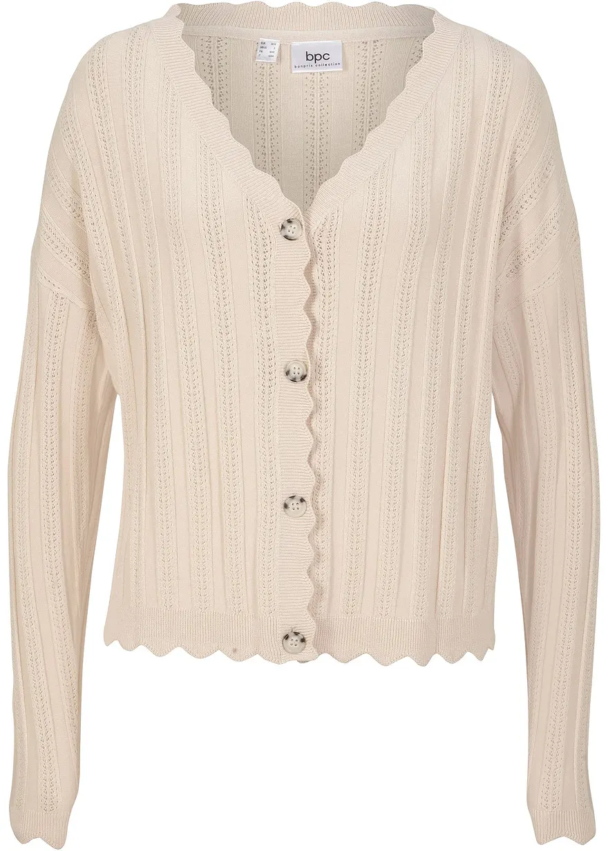Kurze Ajour-Strickjacke mit nachhaltiger Viskose in beige von vorne - bonprix