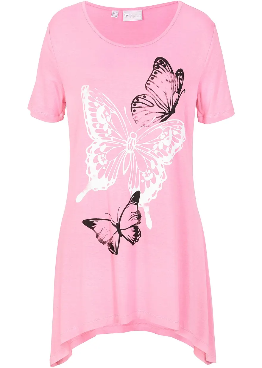 Longshirt mit Zipfel und Schmetterlingsmuster in pink von vorne - bonprix