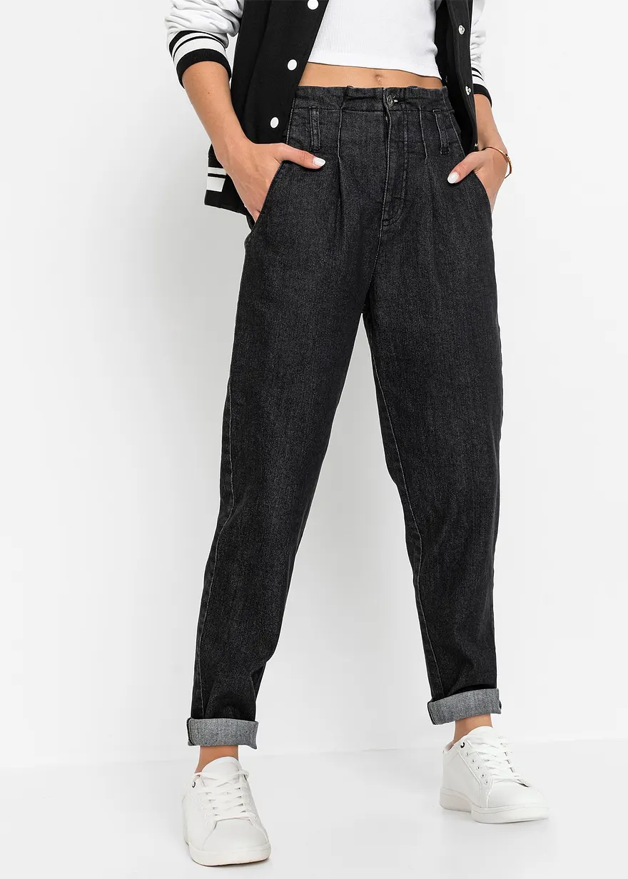 Mom-Jeans, High Waist, Stretch in schwarz von vorne - bonprix