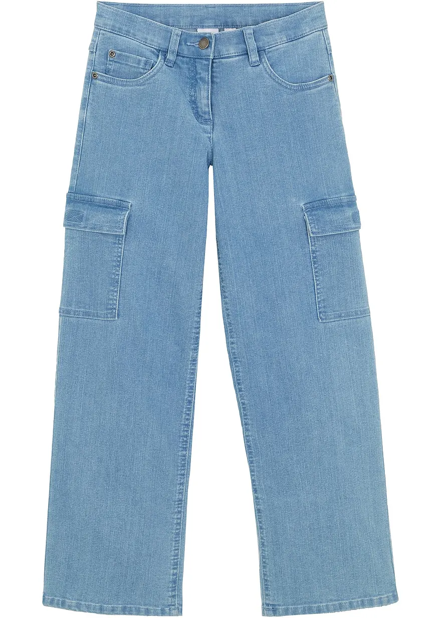 Weite Cargo-Jeans Mid Waist in blau von vorne - bonprix