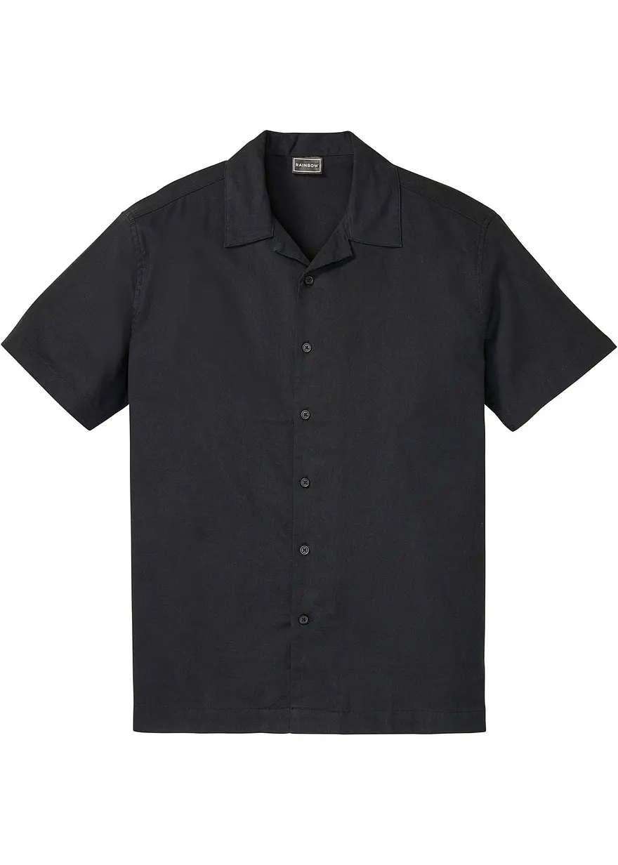 Kurzarmhemd mit Leinen, Loose Fit in schwarz von vorne - bonprix