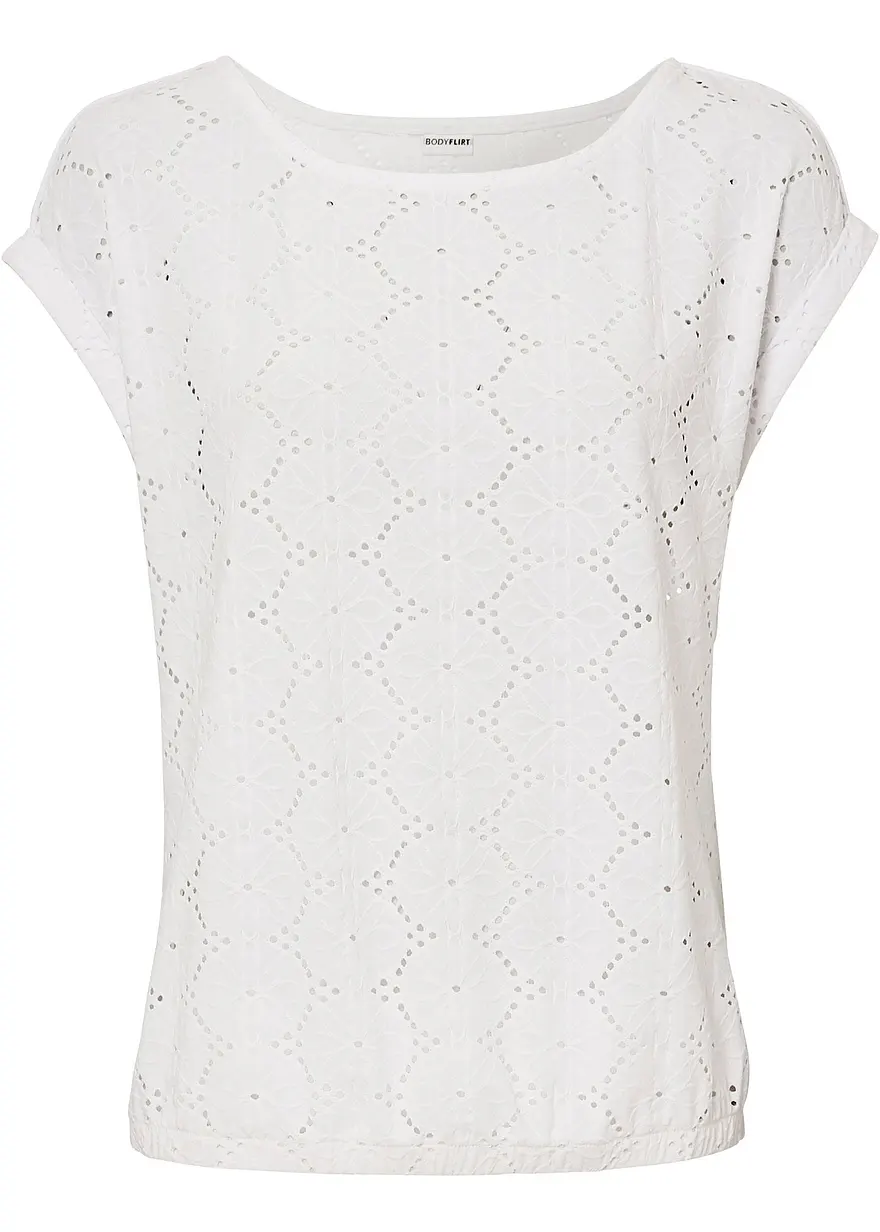 Shirt mit Lochstickerei in weiß von vorne - bonprix