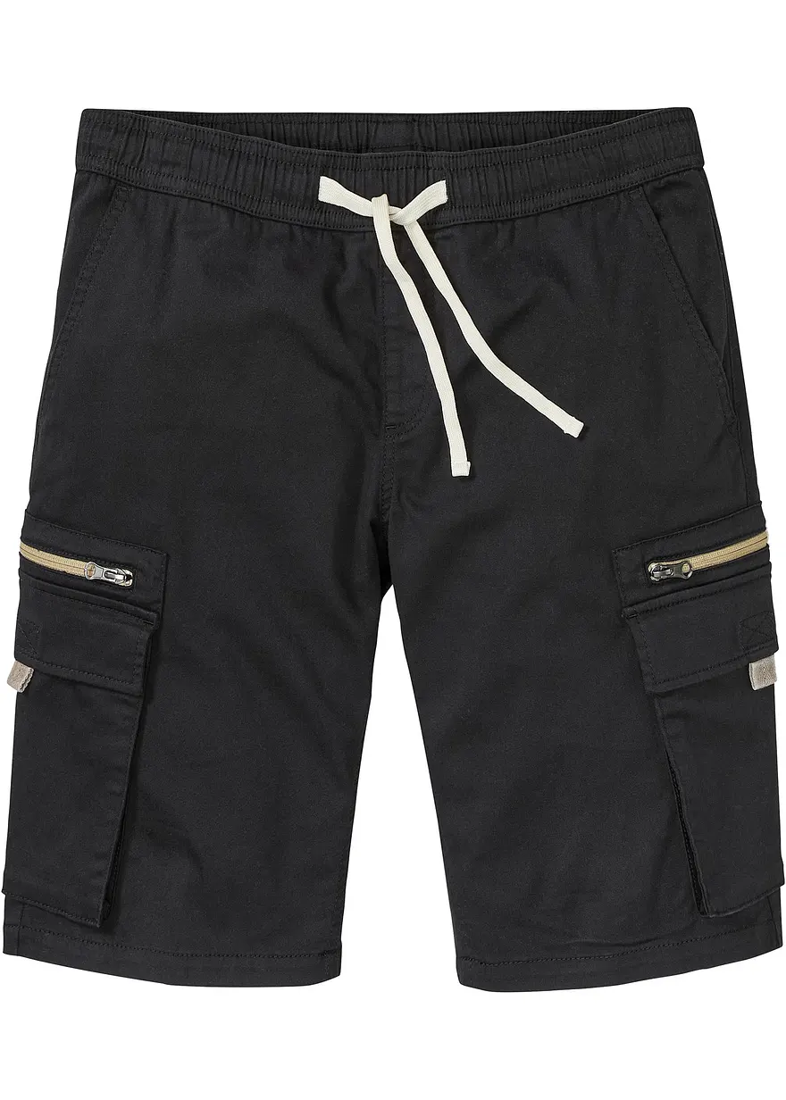 Stretch-Schlupf-Bermuda mit Cargotaschen, Regular Fit in schwarz von vorne - bonprix