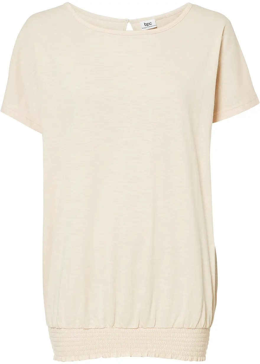 Flammgarn-Shirt aus Bio-Baumwolle mit Smockbund in beige von vorne - bonprix