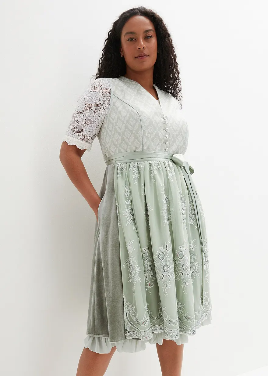 Dirndl mit Jacquard und Stickerei, 2-tlg. Set (Seegras) von Bonprix – €