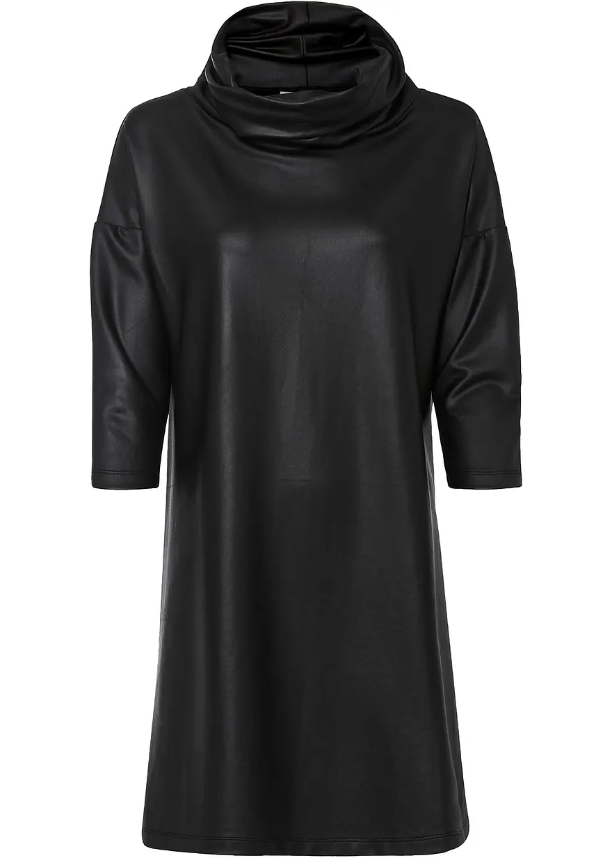 Lederimitat-Kleid mit Schalkragen in schwarz von vorne - bonprix