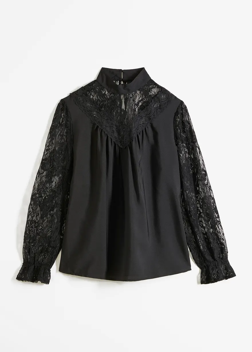Bluse mit Spitze in schwarz von vorne - bonprix