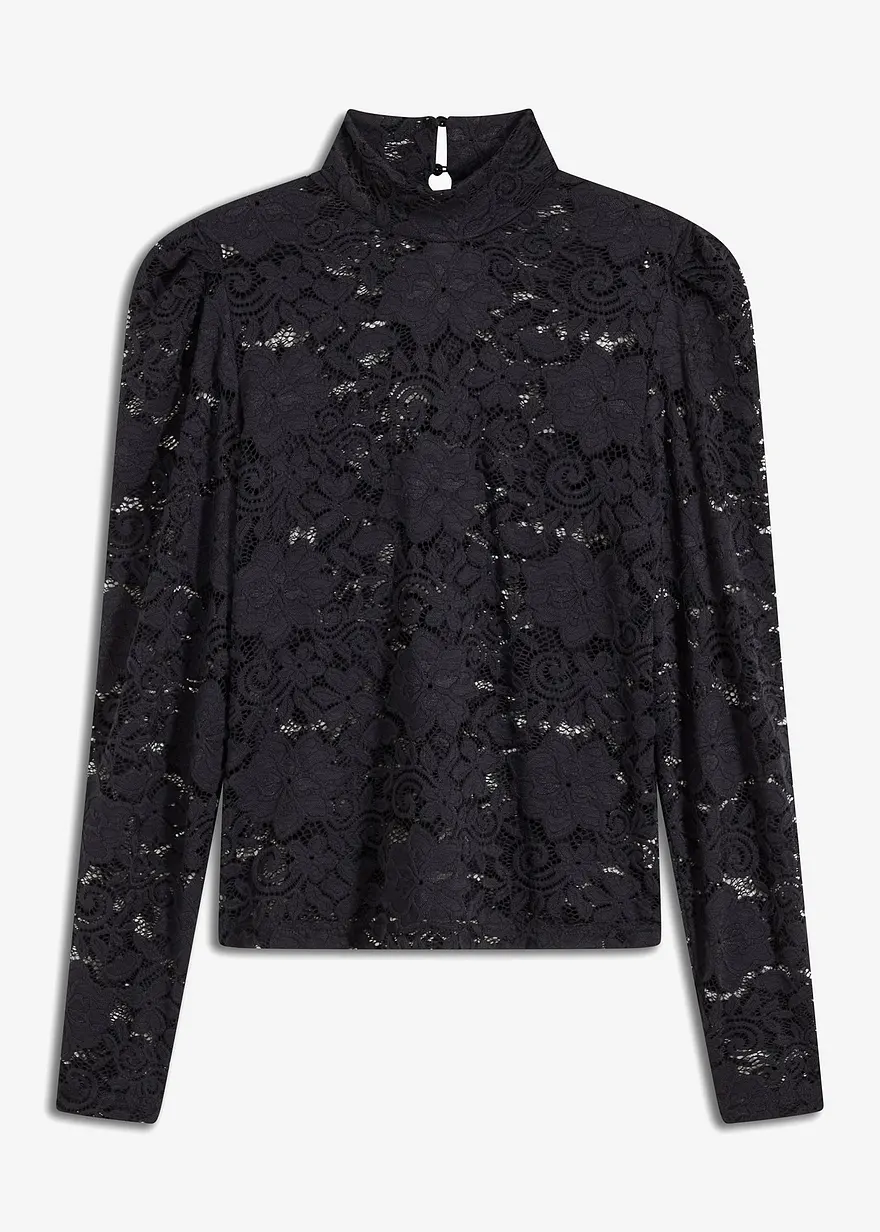 Figurbetontes Langarmshirt mit Spitze in schwarz von vorne - bonprix